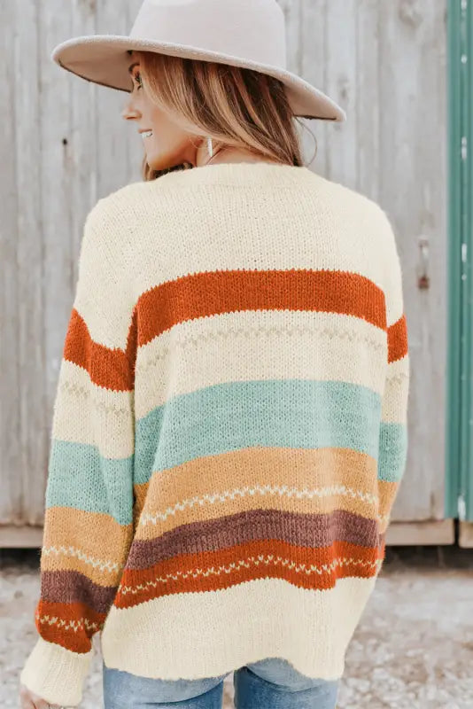 Crew neck drop - shoulder striped color block sweater