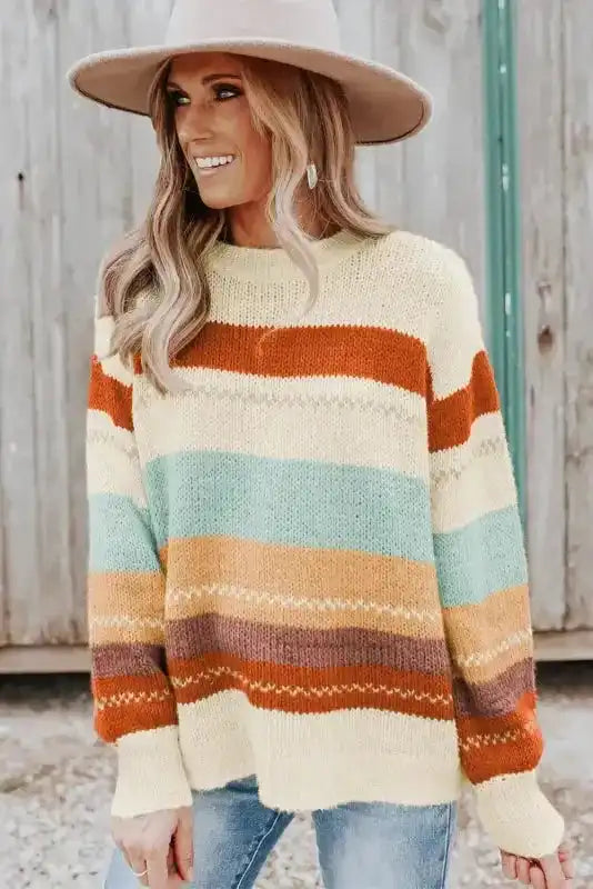 Crew Neck Drop-shoulder Striped Color Block Sweater - Fashionfitz