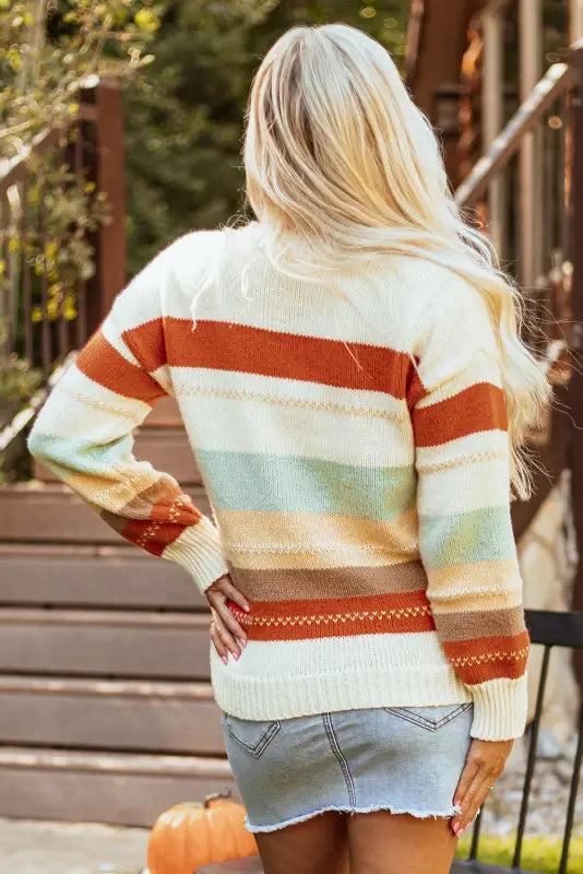 Crew neck drop - shoulder striped color block sweater