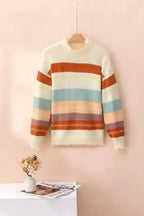Crew Neck Drop-shoulder Striped Color Block Sweater - Fashionfitz
