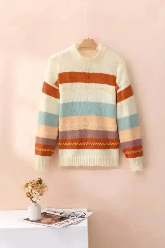 Crew Neck Drop-shoulder Striped Color Block Sweater - Fashionfitz