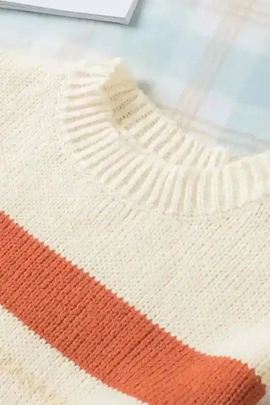 Crew Neck Drop-shoulder Striped Color Block Sweater - Fashionfitz
