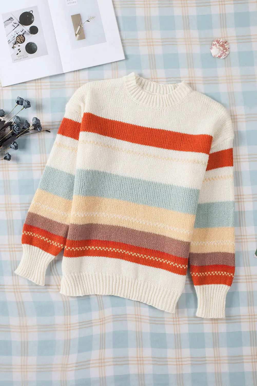 Crew neck drop-shoulder striped color block sweater - sweaters & cardigans