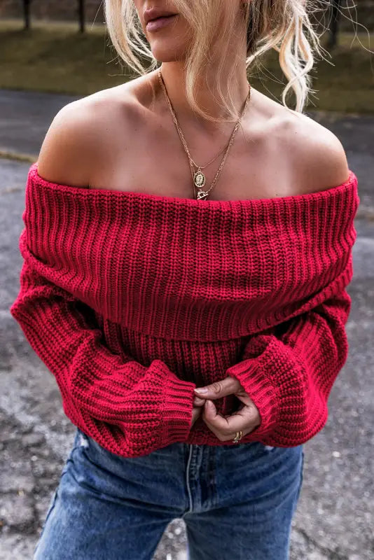 Crimson cozy shoulder-bare knit sweater