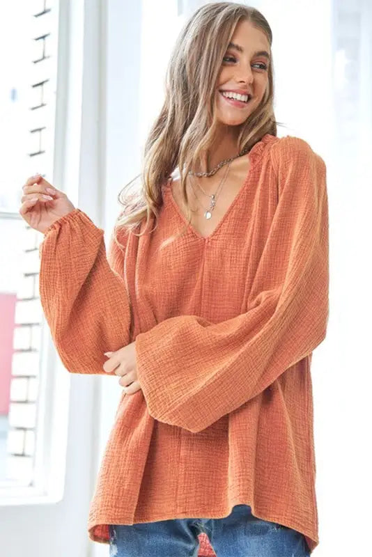 Orange crinkle textured frill split neck puff sleeve blouse - blouses & shirts