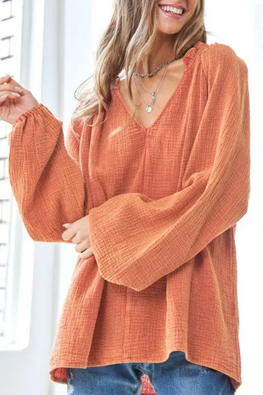 Orange crinkle textured frill split neck puff sleeve blouse - l / 100% cotton - blouses & shirts