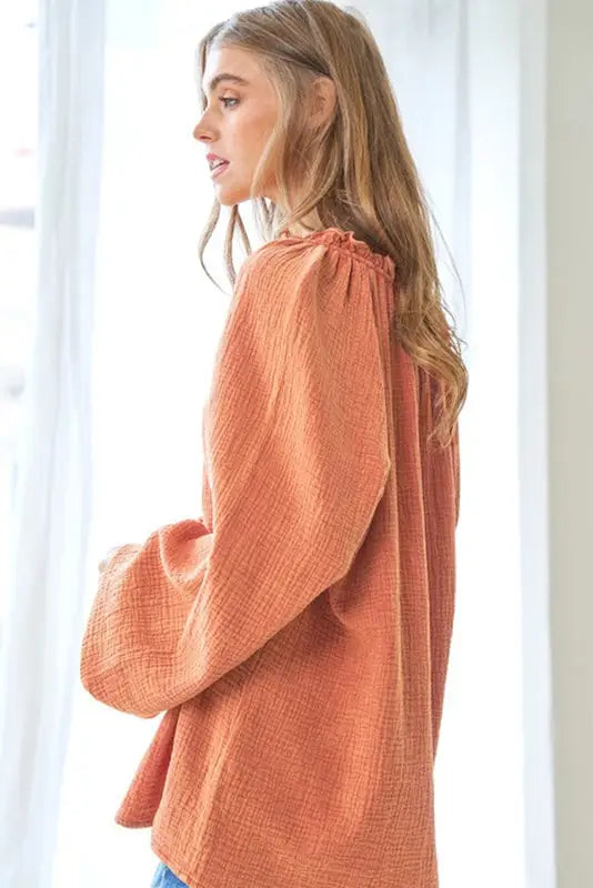 Orange crinkle textured frill split neck puff sleeve blouse - blouses & shirts