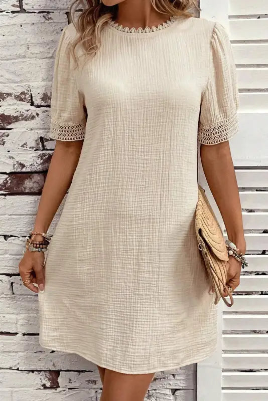 Crinkle lace trim shift mini dress - beige / s / 100% cotton - dresses/mini dresses