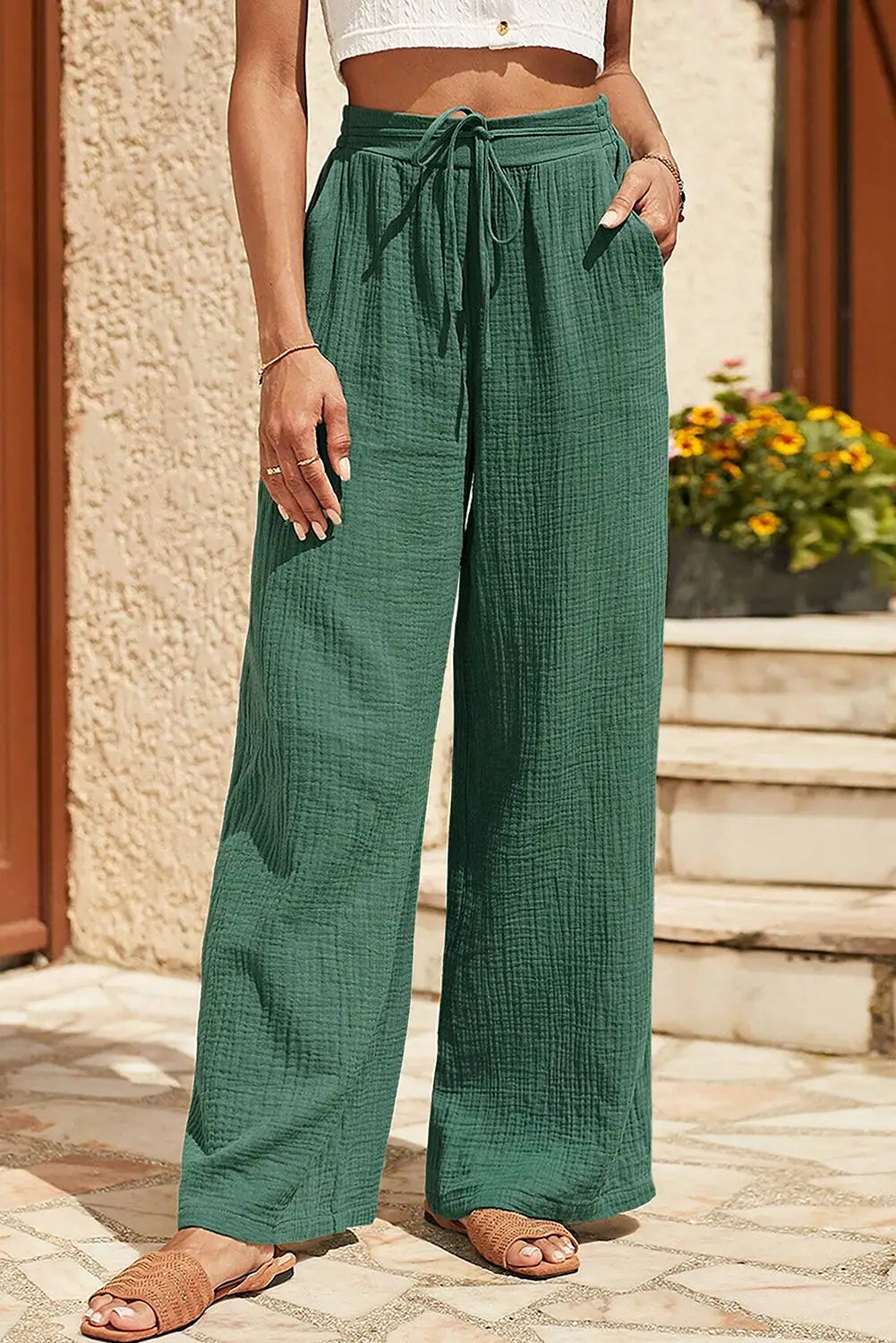 Crinkle textured wide leg pants - mist green / 6 / 100% cotton