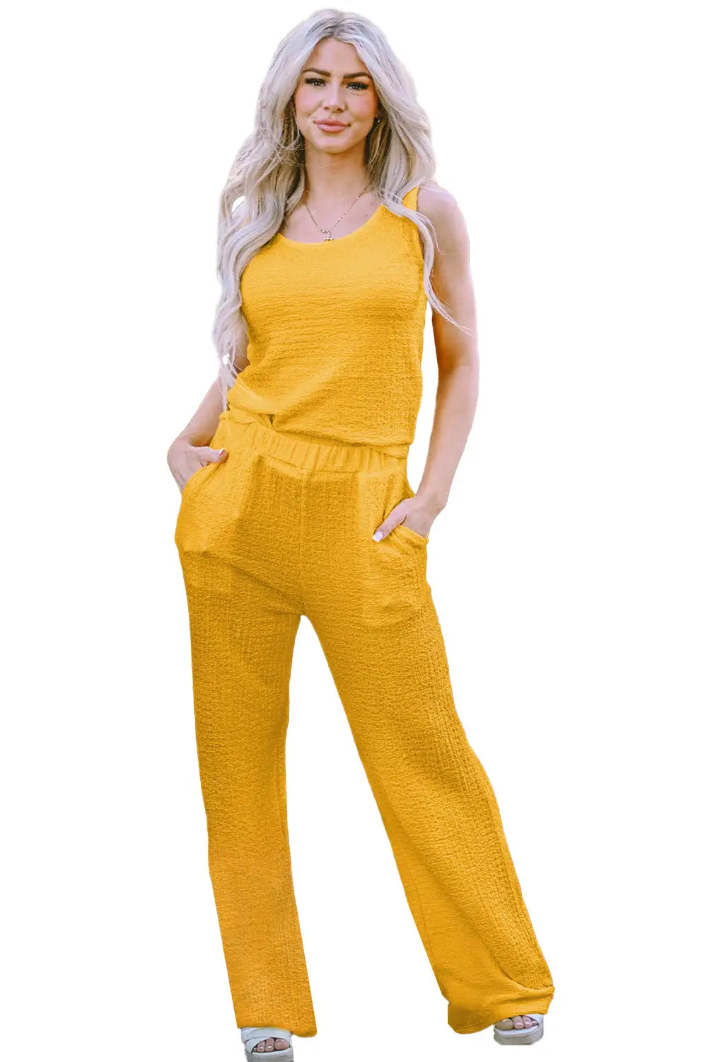 Crinkled tank top and wide leg pants set - two piece sets/pant sets