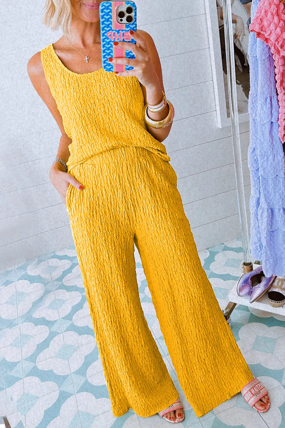 Crinkled tank top and wide leg pants set - yellow / s / 97% polyester + 3% elastane - two piece sets/pant sets