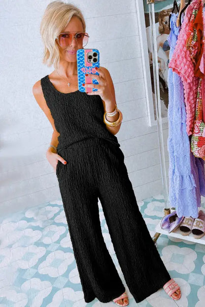 Crinkled tank top and wide leg pants set - black / s / 97% polyester + 3% elastane - two piece sets/pant sets