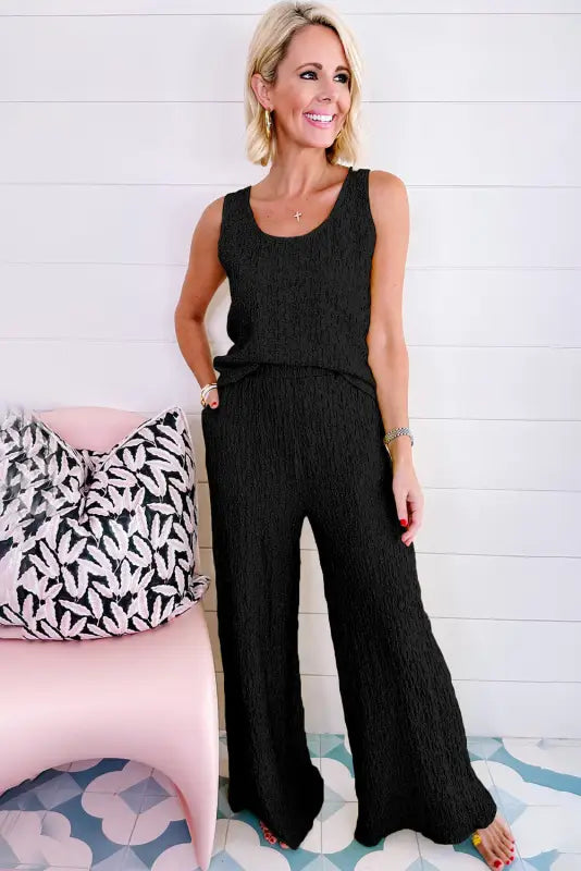 Crinkled tank top and wide leg pants set - two piece sets/pant sets