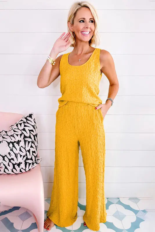 Crinkled tank top and wide leg pants set - two piece sets/pant sets