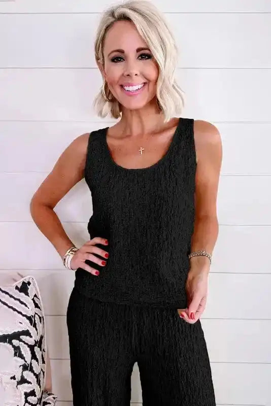 Crinkled Tank Top & Wide Leg Pants Set - Fashionfitz