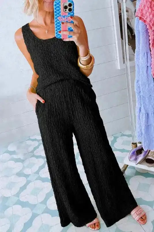Crinkled Tank Top & Wide Leg Pants Set - Fashionfitz