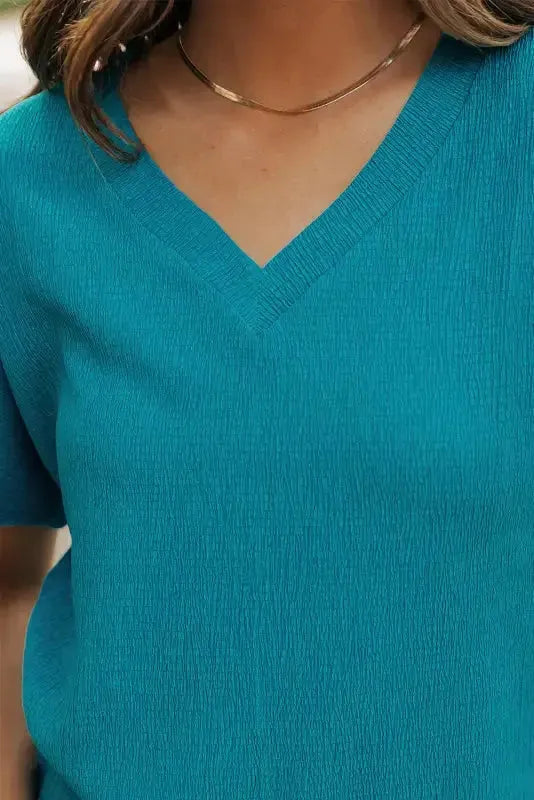 Crinkled V-Neck Wide Sleeve T-shirt - Fashionfitz
