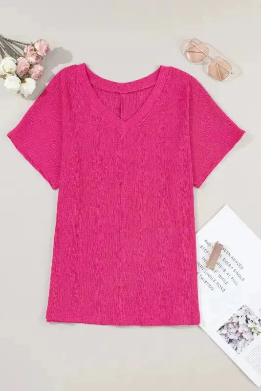 Crinkled V-Neck Wide Sleeve T-shirt - Fashionfitz