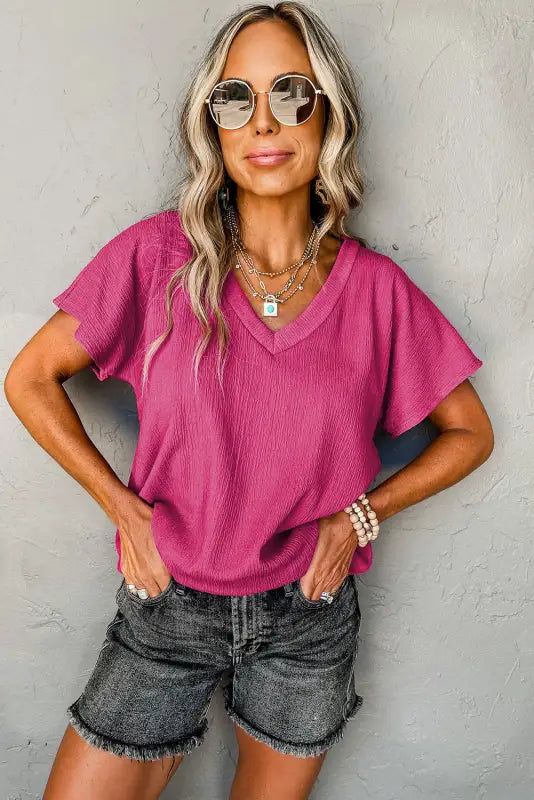 Blue sapphire crinkled v neck wide sleeve t-shirt - tops