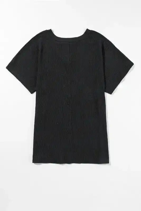 Flat lay of black Crinkled V-Neck T-Shirt highlighting its wide sleeves and breathable summer fabric.