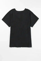Flat lay of black Crinkled V-Neck T-Shirt highlighting its wide sleeves and breathable summer fabric.