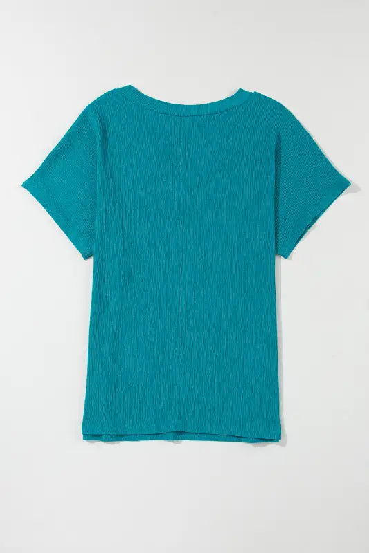 Teal short-sleeved t-shirt with textured fabric displayed as black crinkled v neck wide sleeve t-shirt