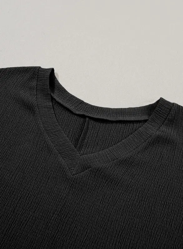 Black crinkled v neck wide sleeve t-shirt with ribbed detailing and textured finish