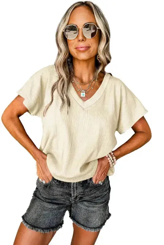 Crinkled V-Neck Wide Sleeve T-shirt - Fashionfitz