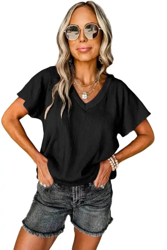 Crinkled V-Neck Wide Sleeve T-shirt - Fashionfitz