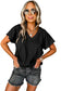 Woman wearing black crinkled v neck wide sleeve t-shirt, perfect for a relax relax style