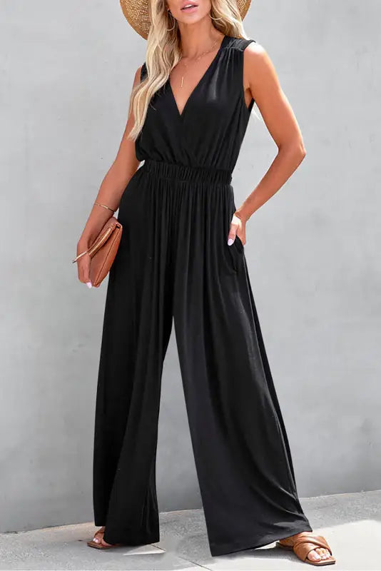 Crisscross wide leg backless jumpsuit - black / s / 65% viscose + 30% polyester + 5% elastane - jumpsuits