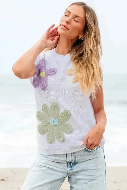 Crochet Flower Knit Short Sleeve Top - Fashionfitz