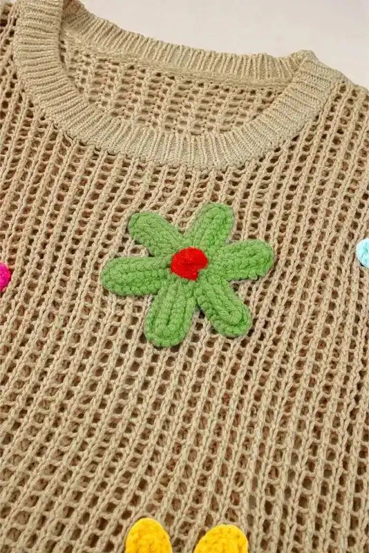 White Flower Embroidered Crochet Knit Top Women UK styled as a romantic artisan casual outfit — Fashionfitz