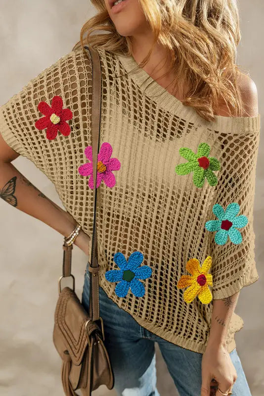 Crochet flower t shirt - light french beige / s / 100% acrylic - tops/tops & tees