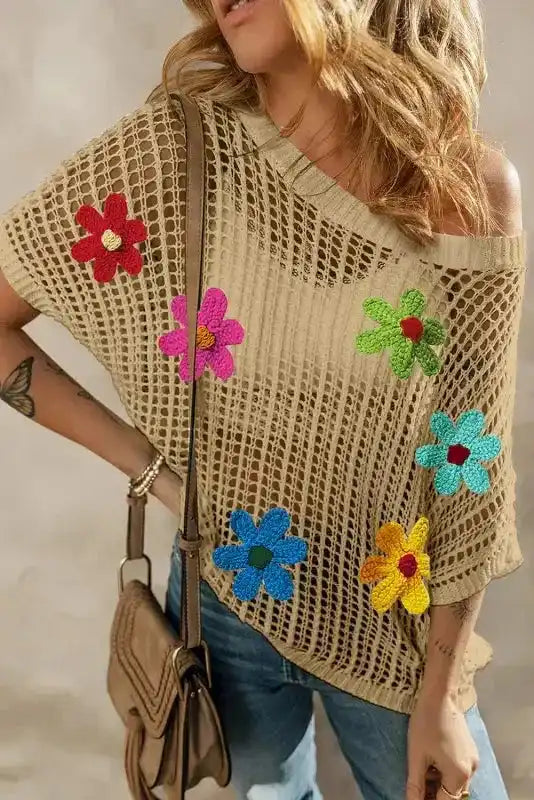 Flower Embroidered Crochet Knit Top Women UK — front view showing delicate floral embroidery and open crochet construction — Fashionfitz