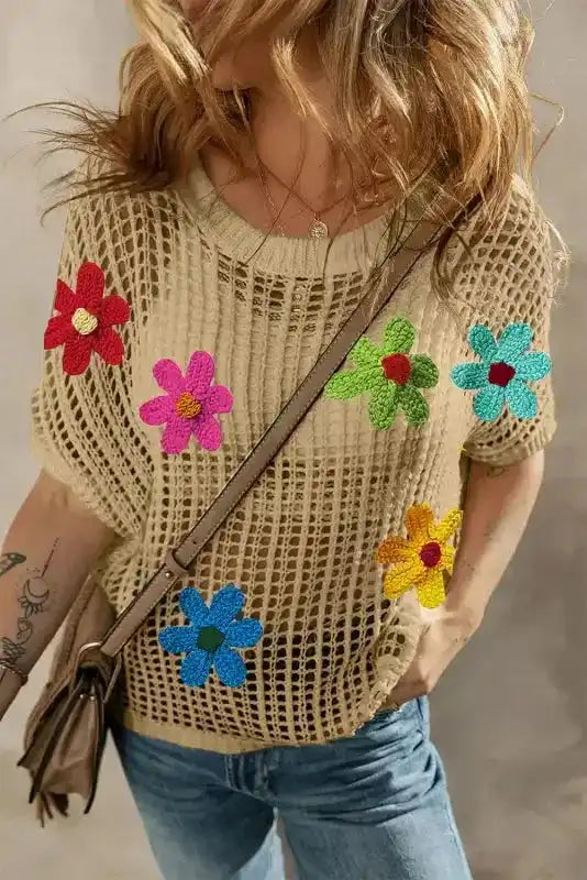 Side view of Flower Embroidered Crochet Knit Top showing open crochet texture and short sleeve — Fashionfitz