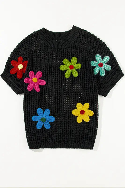 Black crochet flower t shirt - tops/tops & tees