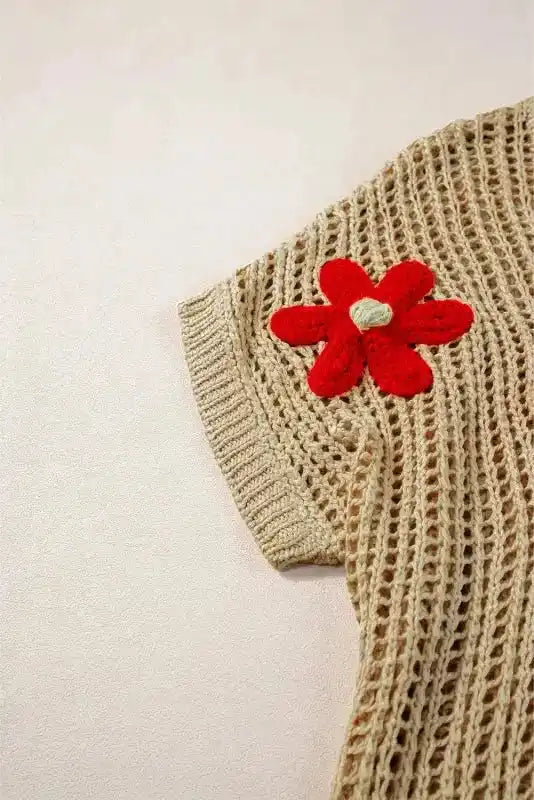 Close-up of Flower Embroidered Crochet Knit Top showing intricate floral embroidery on open crochet knit — Fashionfitz