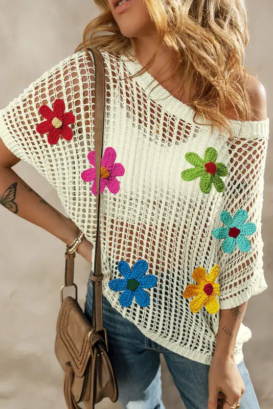 Crochet flower t shirt - white / s / 100% acrylic - tops/tops & tees