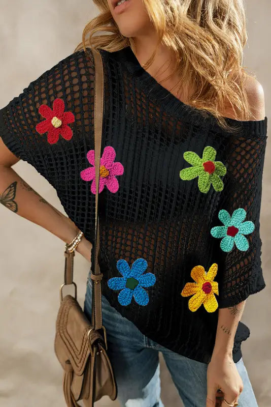 Black crochet flower t shirt - s / 100% acrylic - tops/tops & tees