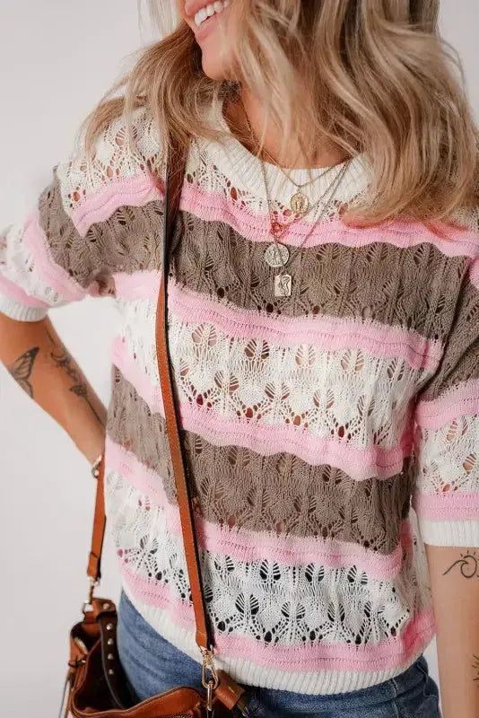 Crochet Half Sleeve Sweater - Brown Stripe Hollow Out - Fashionfitz