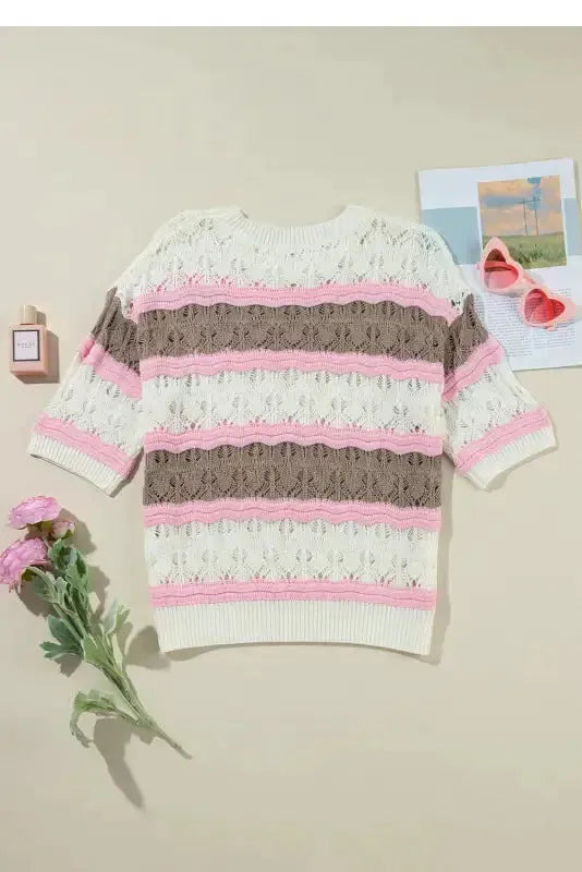 Crochet Half Sleeve Sweater - Brown Stripe Hollow Out - Fashionfitz