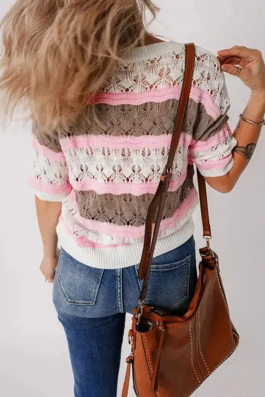 Crochet Half Sleeve Sweater - Brown Stripe Hollow Out - Fashionfitz