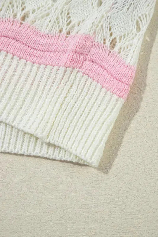 Crochet Half Sleeve Sweater - Brown Stripe Hollow Out - Fashionfitz