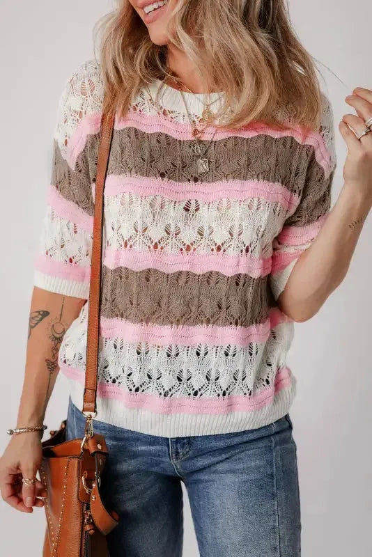 Crochet Half Sleeve Sweater - Brown Stripe Hollow Out - Fashionfitz