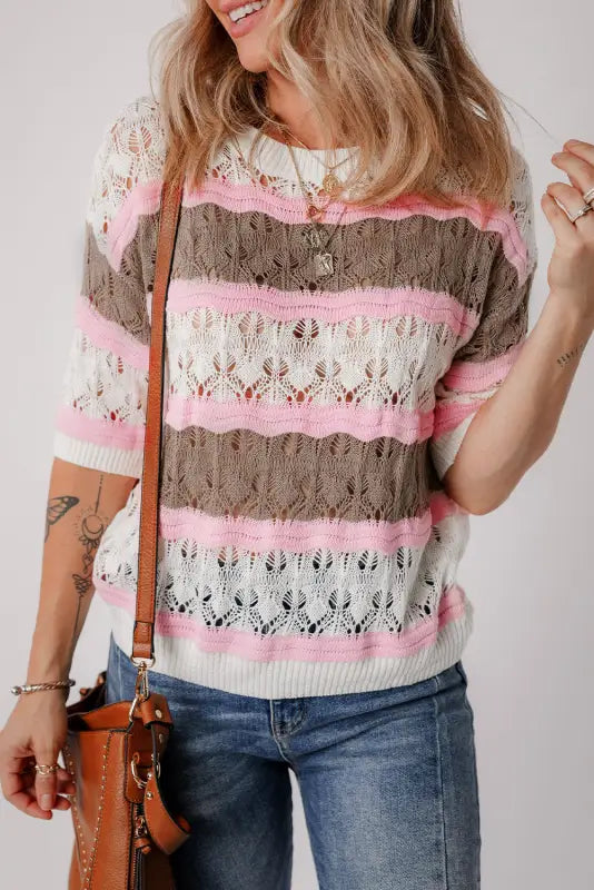 Crochet half sleeve sweater - brown stripe hollow out - short sweaters