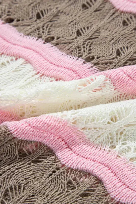 Crochet Half Sleeve Sweater - Brown Stripe Hollow Out - Fashionfitz