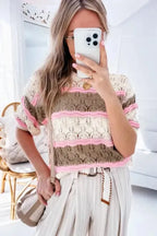Crochet Half Sleeve Sweater - Brown Stripe Hollow Out - Fashionfitz