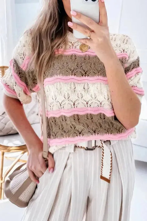 Brown stripe hollow out crochet half sleeve sweater front view — Fashionfitz UK