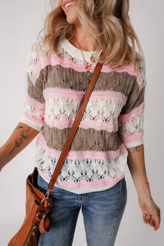 Crochet half sleeve sweater - brown stripe hollow out - short sweaters